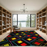 ODIKA Neon Retro Geometric Washable Area Rug - Low Pile Non-Slip Abstract Rug