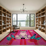 Cute Leopard Cub with Vibrant Leaves Pink Rug