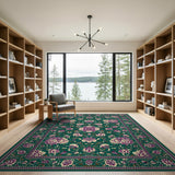 Emerald Green Persian Peony Floral Rug