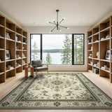 Beige and Neutral Cream Persian Floral Area Rug with Green Border