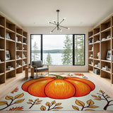 Vibrant Orange Pumpkin Harvest Rug with Fall Leaves
