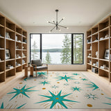 ODIKA Washable Mid-Century Modern Starburst Area Rug - Teal & Cream Low Pile