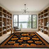 ODIKA Washable Halloween Rug - Jack-o'-Lantern & Bat Pattern, Non-Slip Low Pile Area Rug