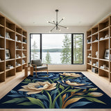 Navy Blue and Ivory Peony Floral Area Rug