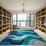 Teal Blue Wave Coastal Area Rug