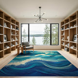 Coastal Beach Blue and Teal Dynamic Ocean Waves Blue Teal Area Rug
