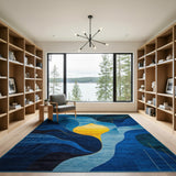 Blue Teal Geometric Modern Area Rug with Gold Accents