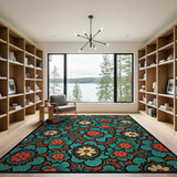 Vibrant Teal Orange Floral Boho Area Rug