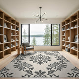 Elegant Black White Damask Floral Area Rug