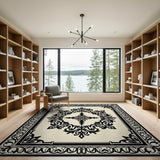Ornate Black Persian Area Rug on Beige
