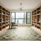 White Magnolia Green Leaf Floral Border Rug