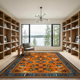 Vibrant Orange Persian Area Rug with Blue Motifs