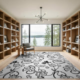 Whimsical Black White Floral Butterfly Area Rug