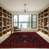 Red Black Persian Area Rug with Blue Florals