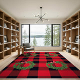 Festive Red Black Plaid Christmas Wreath Area Rug