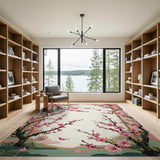 Pink Cherry Blossom Area Rug with Birds and Lattice