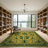 ODIKA Vintage Botanical Washable Area Rug - Yellow & Forest Green Low Pile Non-Slip Carpet