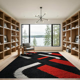 Bold Red White Geometric Area Rug on Black