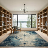 Washable Vintage Nautical Compass Area Rug, Distressed Navy Blue Low Pile Non-Slip Rug