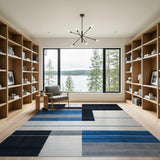 Modern Geometric Block Area Rug in Black Blue Grey