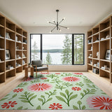 Vibrant Pink Floral Area Rug with Green Leaves