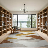 Abstract Wave Gold Grey Area Rug