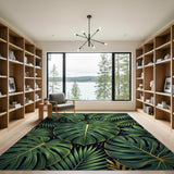 Golden-Edged Monstera Leaves Green Area Rug