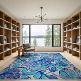 Blue Teal Floral Vintage Washable Area Rug