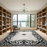 Ornate Floral Scroll Black White Area Rug