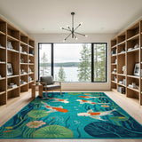Teal Koi Fish Lily Pad Area Rug
