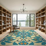 Teal Feather Floral Vintage Area Rug