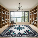 Ornate Teal Accent Black Floral Area Rug