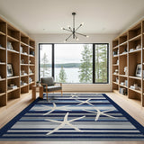 Blue and Teal Coastal Starfish Striped Blue Area Rug