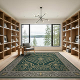 Ornate Emerald Green Persian Rug with Gold Filigree
