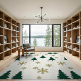Winter Pine Tree Gold Snowflake Area Rug