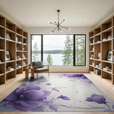 Washable Purple Watercolor Floral Area Rug - Low Pile & Non-Slip