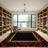 Red Squiggle Abstract Area Rug with Gold Frame