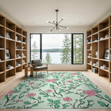 Delicate Pink Flowers Green Vines Light Green Rug