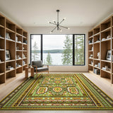 Vibrant Green Persian Medallion Area Rug with Gold Borders