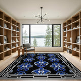 Stylized Blue Floral Area Rug on Black