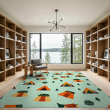 Whimsical Cartoon Camping Tents Pines Rug