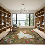 Charming White Bunny Pink Floral Border Rug