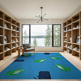 Playful Cartoon Green Frogs Blue Area Rug