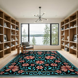 Coral Floral Teal Leaf Ornate Area Rug