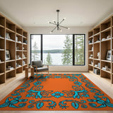 Orange Teal Floral Border Area Rug