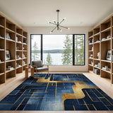 Modern Navy Blue Gold Geometric Area Rug