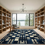 Modern Navy Grid Geometric Area Rug