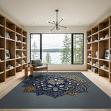 Navy Blue Mandala Floral Area Rug with Gold Filigree
