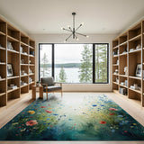 Washable Watercolor Floral Meadow Area Rug - Low Pile & Non-Slip