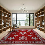 Geometric Modern Red Festive Red Snowflake Area Rug with Ornate Border